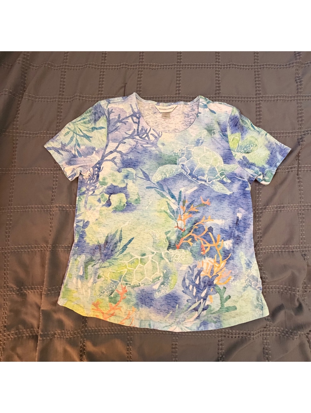 Christopher & Banks Women's Short Sleeve Sea Turtle Print Shirt/Art Teacher